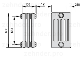 Схема (чертеж) Радиатор Zehnder Charleston 6060/3 №1270 Белый глянцевый RAL 9016